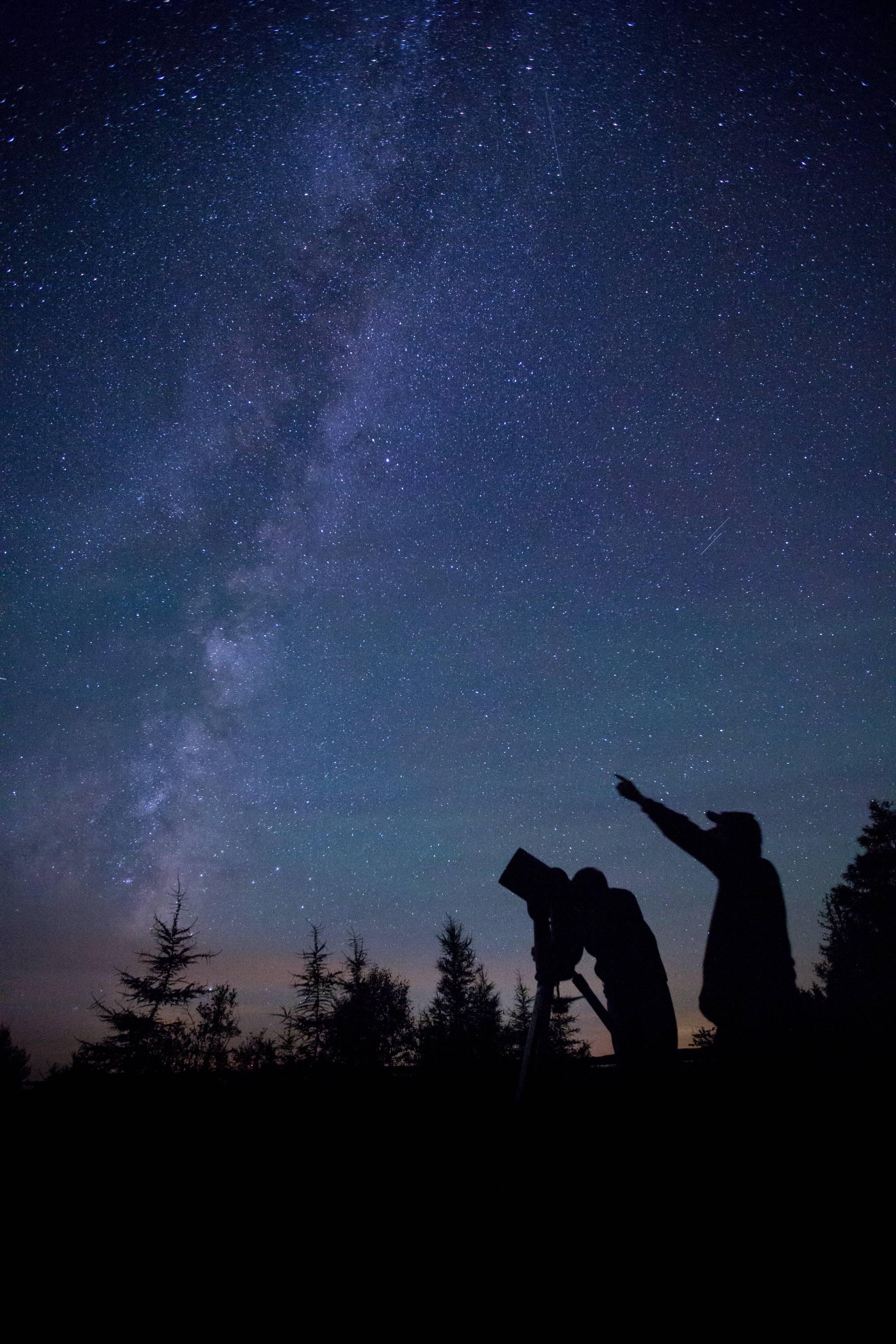 Faculty and students looking at the night sky through a telescope.